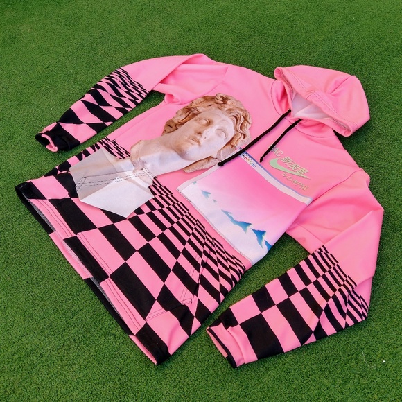 Vaporwave Checkered Roman Caesar Apple Computer Med Adult Pullover Hoody New - Picture 1 of 3